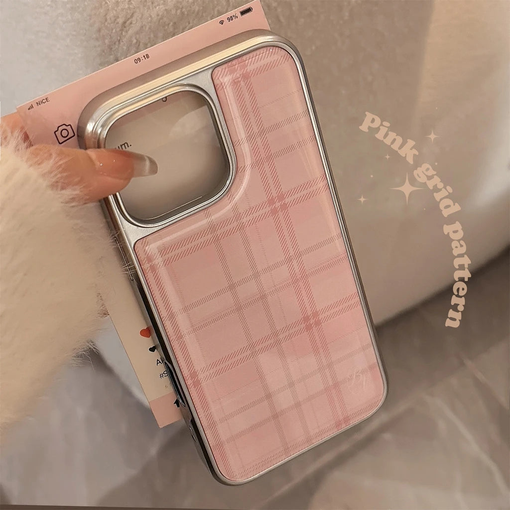 Sweet Pink Grid Pattern Drop Glue Cover Case for iPhone 16 15 14 13 12 11 Pro Max Plus Shockproof Protective Phone Case