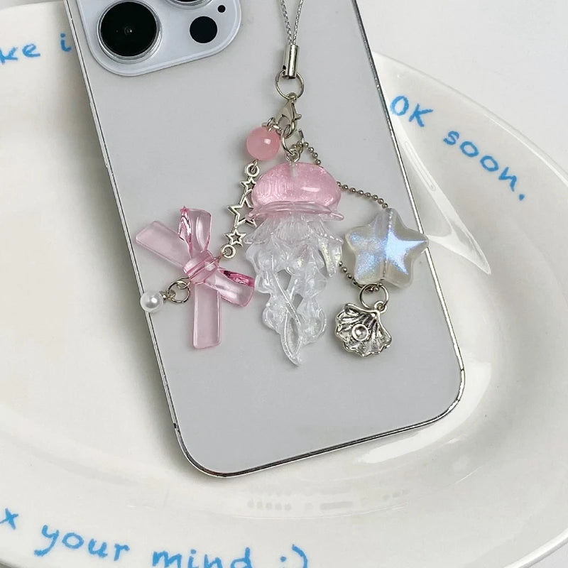 Y2K Jellyfish Tassel Mobile Key Chain Jellyfish Beaded Phone Charm Keycord Korean Sea Shell Fish Beads Chain BackPack Keyring (Copy)