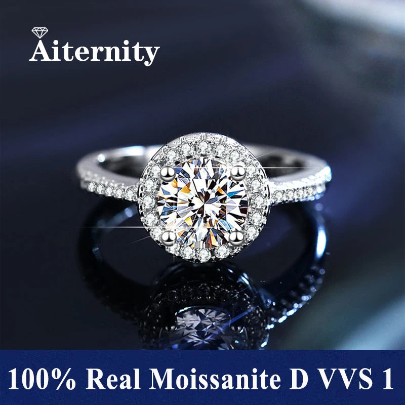 100% Real Moissanite Ring Adjustable Size S925 Sliver D VVS1 Pass Diamond Test Pen GRA Certificate 18K Plating Rings for Women (YB)