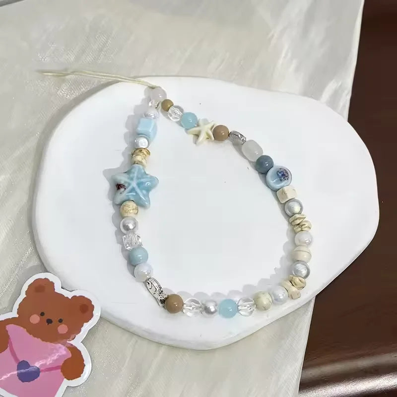 Korean Cartoon Cute 3D Blue Starfish Beaded Phone Chain Charm Lanyard For iPhone Samsung Universal Accessories Jewelry Pendant