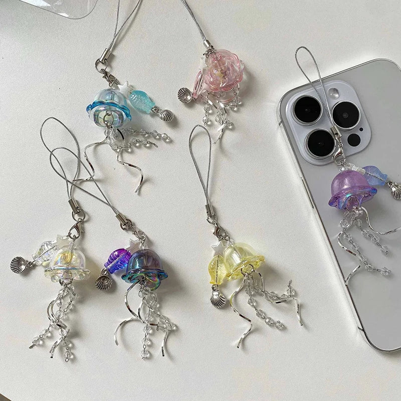 Y2K Jellyfish Tassel Mobile Key Chain Jellyfish Beaded Phone Charm Keycord Korean Sea Shell Fish Beads Chain BackPack Keyring (Copy)