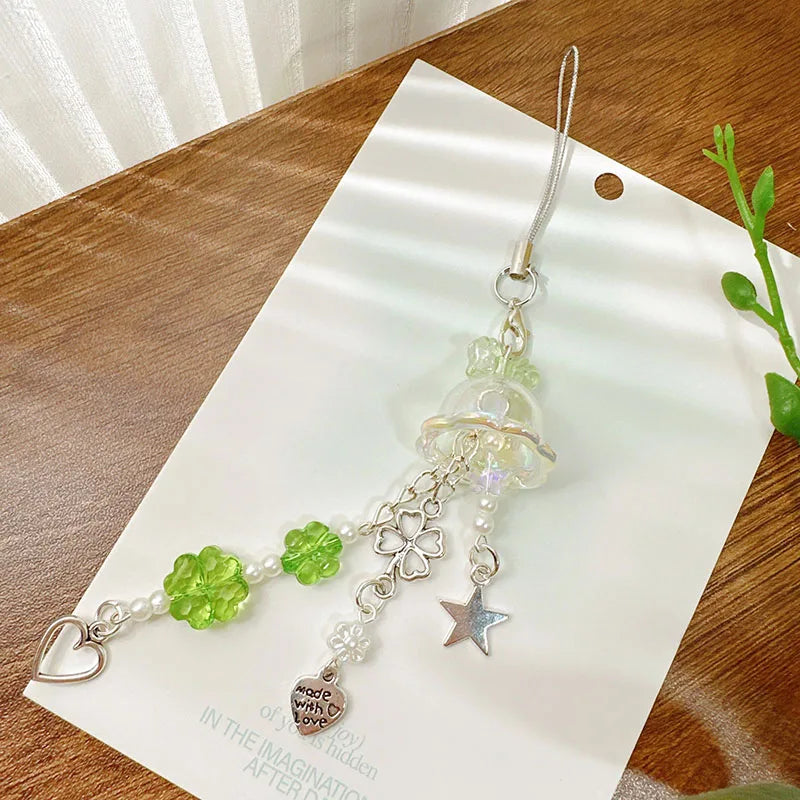 Y2K Purple Pink Jellyfish Key Chain Wind Chimes Star Heart Beaded Keyring for Phone Camera Earphone Case Charm Pendant Keycord