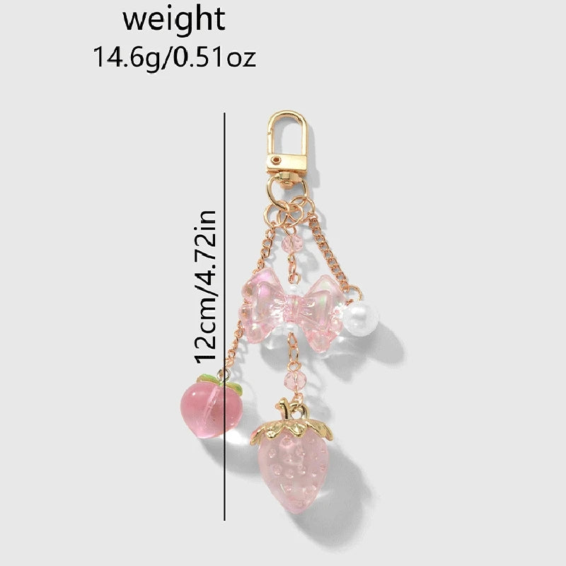 Y2K Bowknot Strawberry Keychain for Women Exquisite Sweet Flower Peach Bag Pendant Cute Romantic Accessorymobile Phone Chain