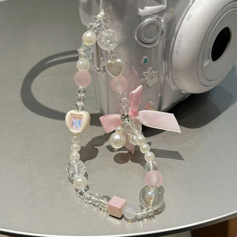 Korean Lovely Pink Bowknot White Beaded Phone Chain Charm Lanyard For iPhone Samsung Universal Accessories Jewelry Pendant
