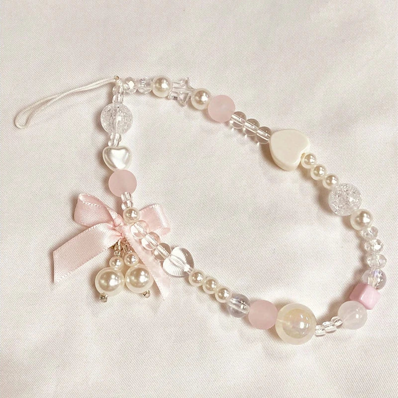 Korean Lovely Pink Bowknot White Beaded Phone Chain Charm Lanyard For iPhone Samsung Universal Accessories Jewelry Pendant