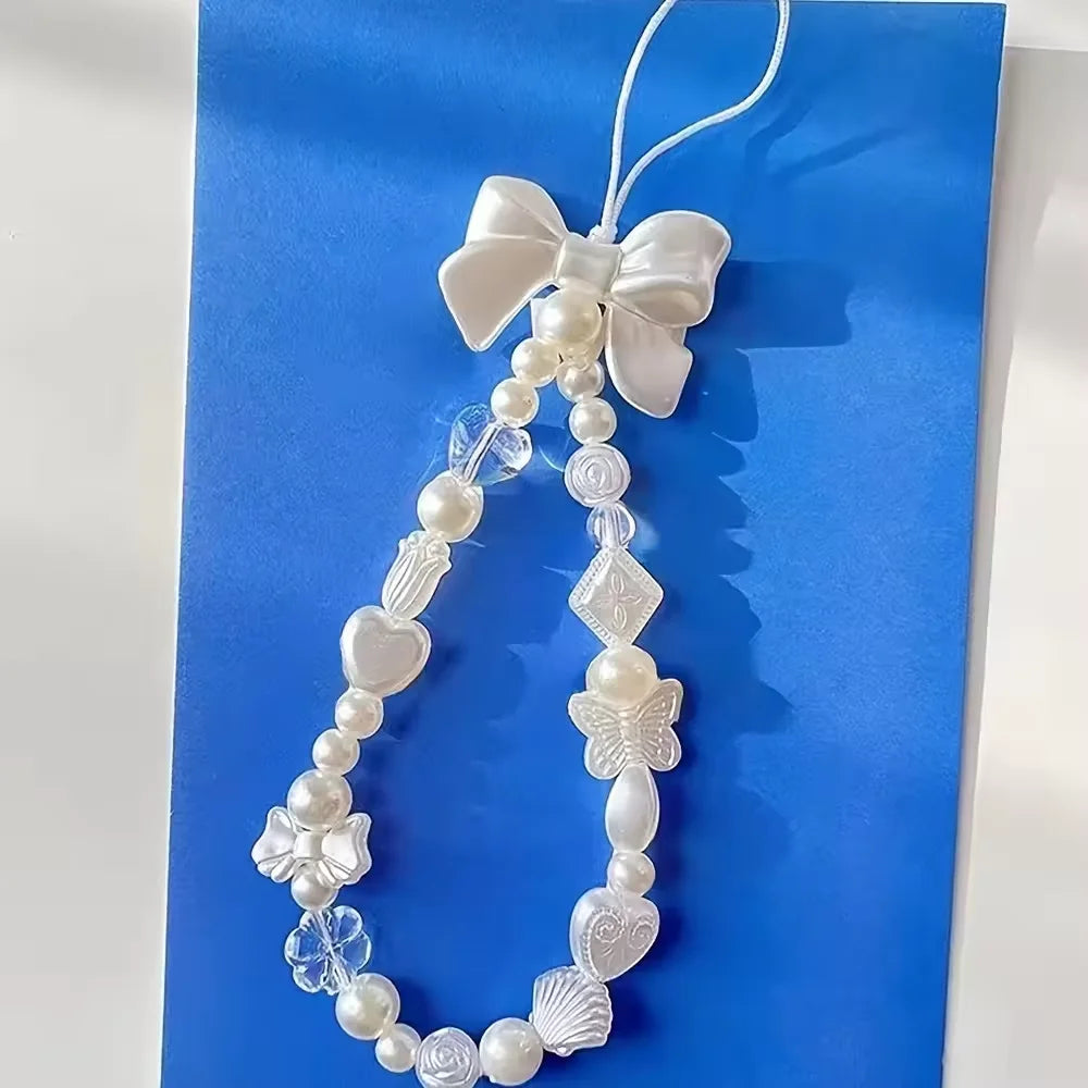 Fashion Cute Pearl Love Heart Bowknot Phone Chain Charm Lanyard For iPhone Samsung Huawei Universal Accessories Jewelry Pendant