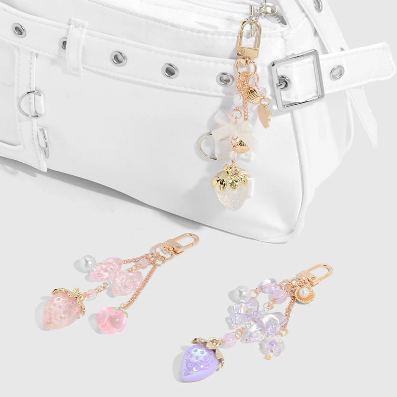 Y2K Bowknot Strawberry Keychain for Women Exquisite Sweet Flower Peach Bag Pendant Cute Romantic Accessorymobile Phone Chain