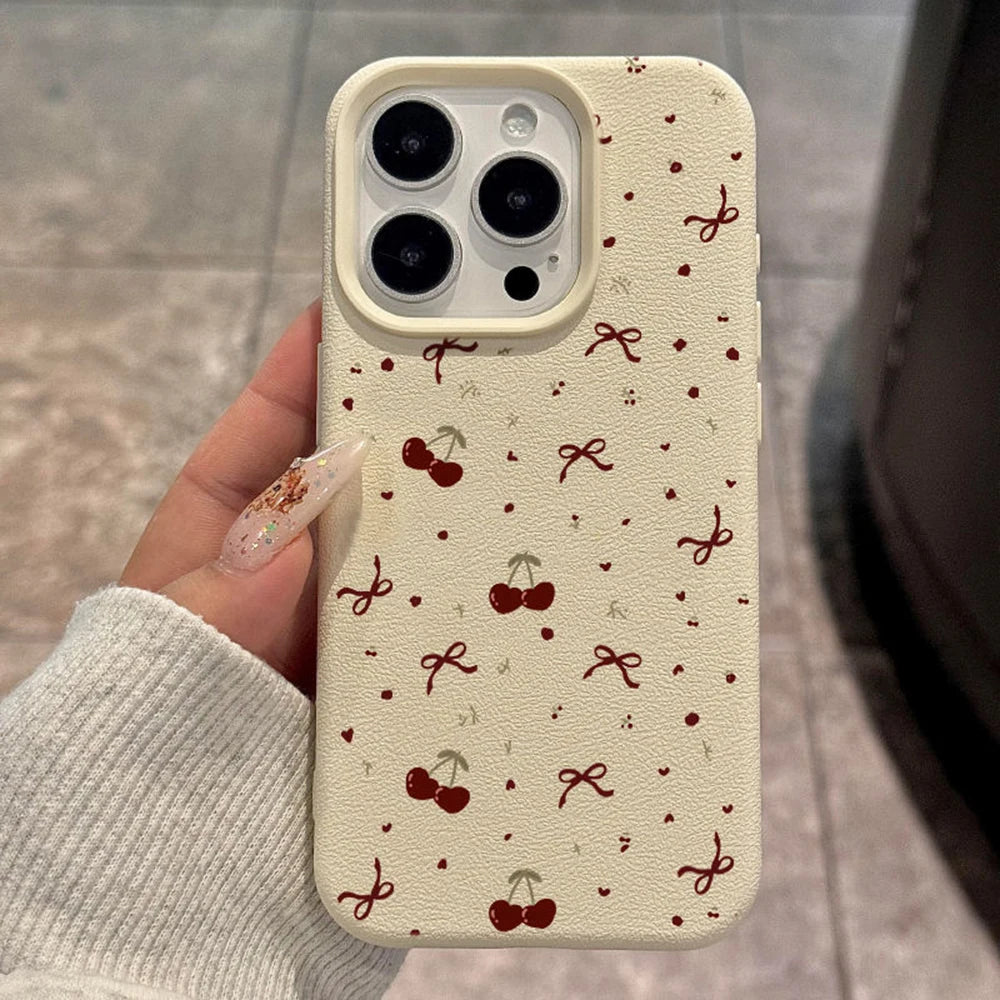 Cherry Phone Case For iPhone 16 Pro Max Case iPhone 14 13 15 11 12 17 Pro Max Plus Shockproof Soft Leather Cute Heart Bow Cover