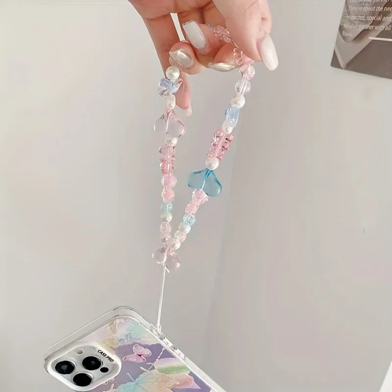 Cute Pink Love Heart Bowkont Beads Phone Chain Sweet Bear Hanging Rope Camera Lanyard Anti-lost Wrist Straps Bag Accessories