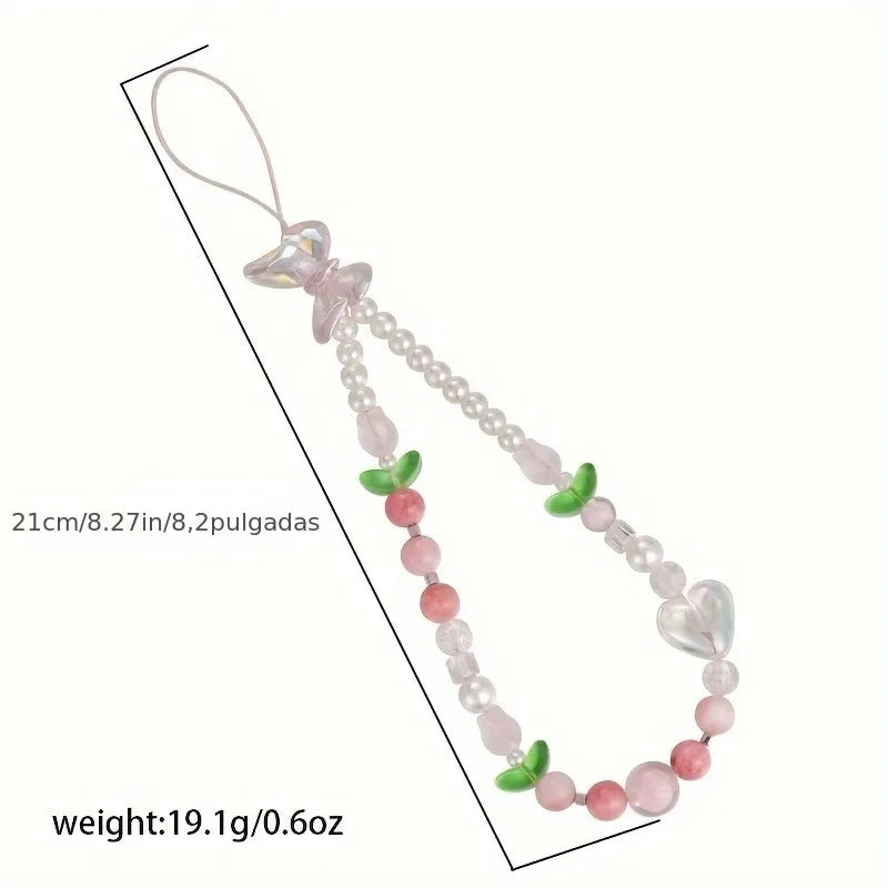 Cute Peach Beaded Mobile Phone Charm Strap Chain, Women Sweet Girls Jewelry, Pearl Cellphone Flower Lanyard for iPhone Keychain