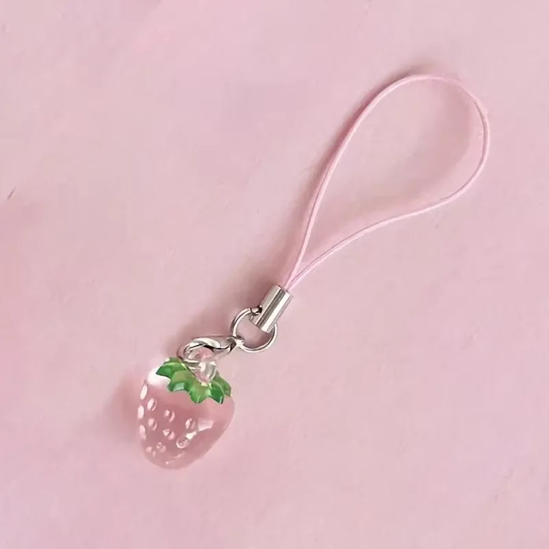Cute Strawberry Phone Charms Resin Pendant with Created Accents, Mini Fruit Charm Mobile Lanyard Accessories