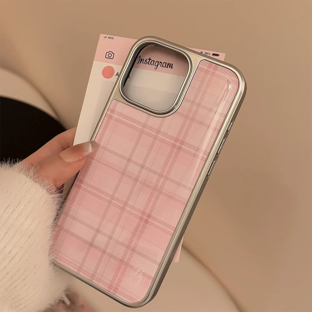 Sweet Pink Grid Pattern Drop Glue Cover Case for iPhone 16 15 14 13 12 11 Pro Max Plus Shockproof Protective Phone Case