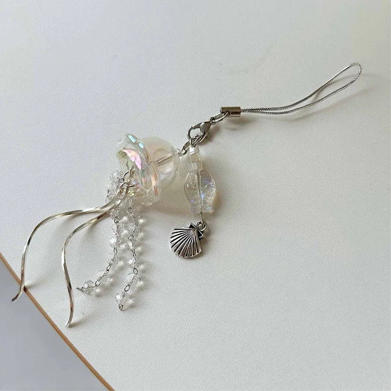 Y2K Jellyfish Tassel Mobile Key Chain Jellyfish Beaded Phone Charm Keycord Korean Sea Shell Fish Beads Chain BackPack Keyring (Copy)