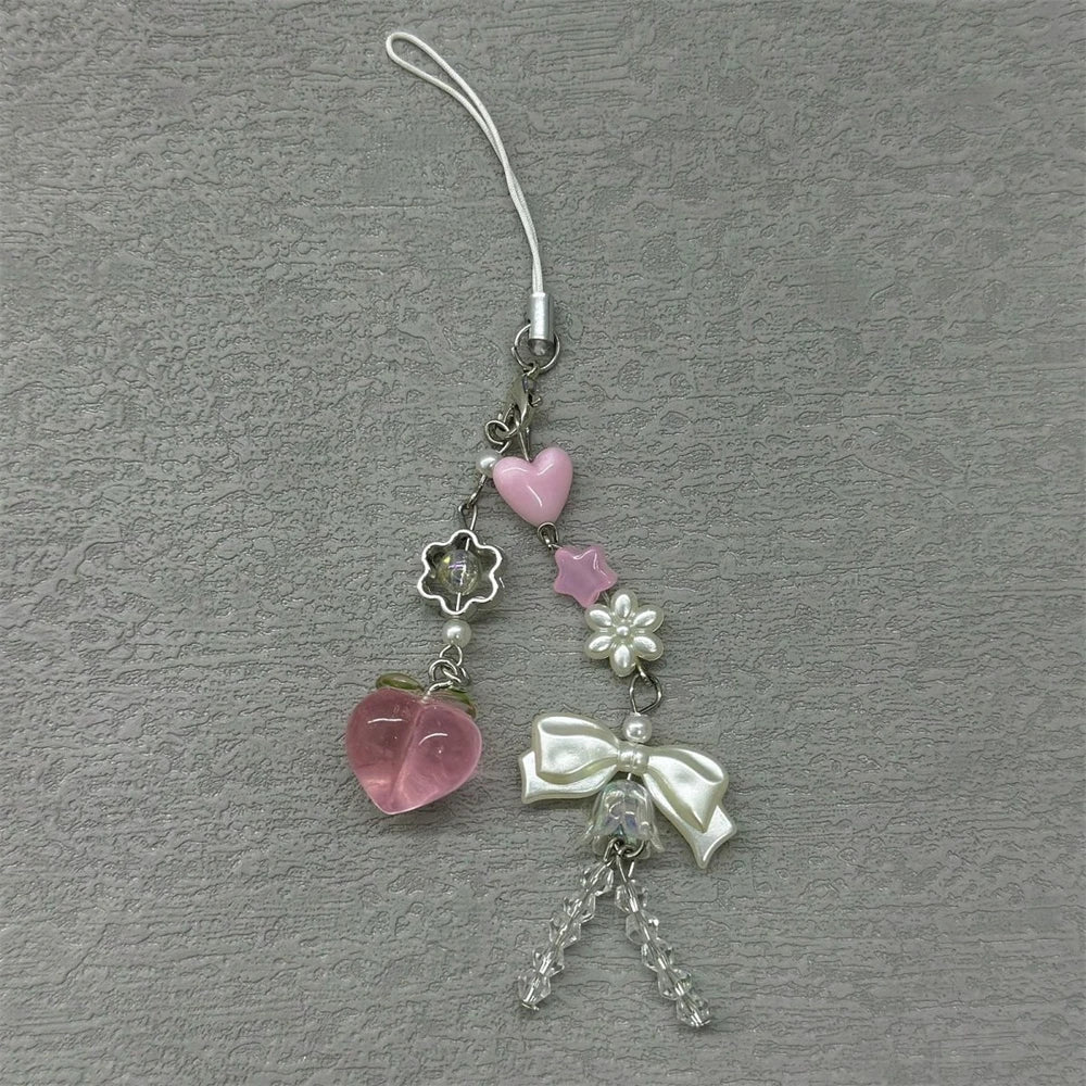 Pink Kawaii Y2K Peach Phone Charms Pendant Cute Bowknot Bead Handmade Sweet Girl Keychain For iPhone Camera New Chain Love Heart