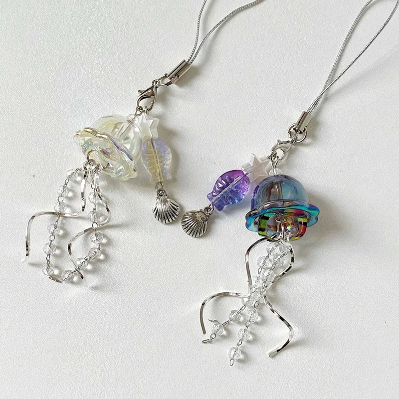 Y2K Jellyfish Tassel Mobile Key Chain Jellyfish Beaded Phone Charm Keycord Korean Sea Shell Fish Beads Chain BackPack Keyring (Copy)