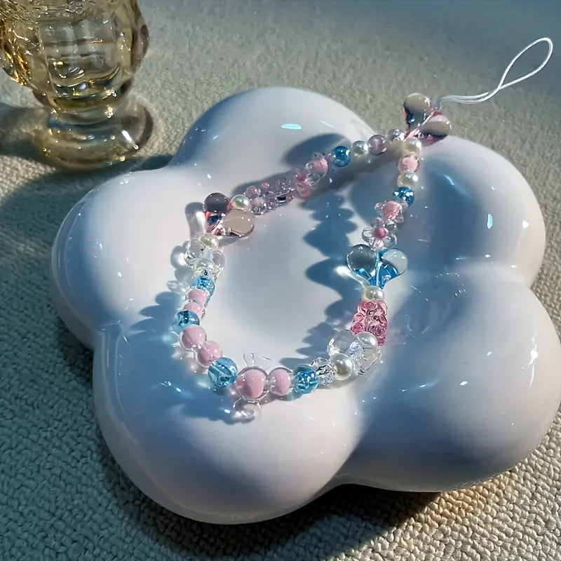 Cute Pink Love Heart Bowkont Beads Phone Chain Sweet Bear Hanging Rope Camera Lanyard Anti-lost Wrist Straps Bag Accessories