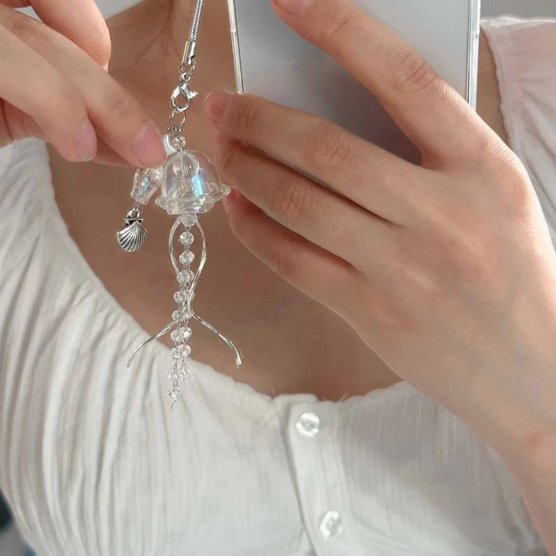 Y2K Jellyfish Tassel Mobile Key Chain Jellyfish Beaded Phone Charm Keycord Korean Sea Shell Fish Beads Chain BackPack Keyring (Copy)