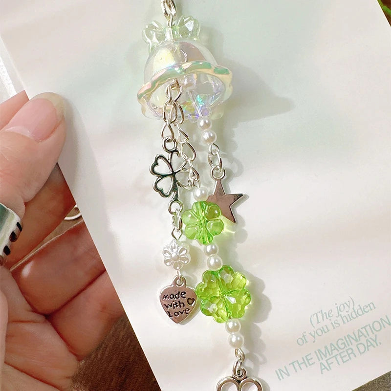 Y2K Purple Pink Jellyfish Key Chain Wind Chimes Star Heart Beaded Keyring for Phone Camera Earphone Case Charm Pendant Keycord