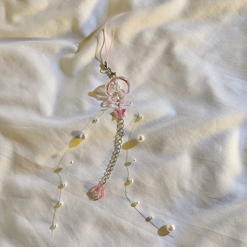 Y2K Jellyfish Tassel Mobile Key Chain Jellyfish Beaded Phone Charm Keycord Korean Sea Shell Fish Beads Chain BackPack Keyring (Copy)