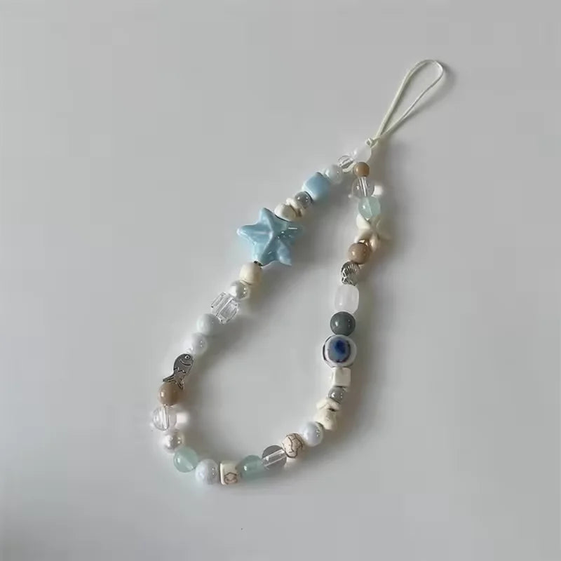 Korean Cartoon Cute 3D Blue Starfish Beaded Phone Chain Charm Lanyard For iPhone Samsung Universal Accessories Jewelry Pendant