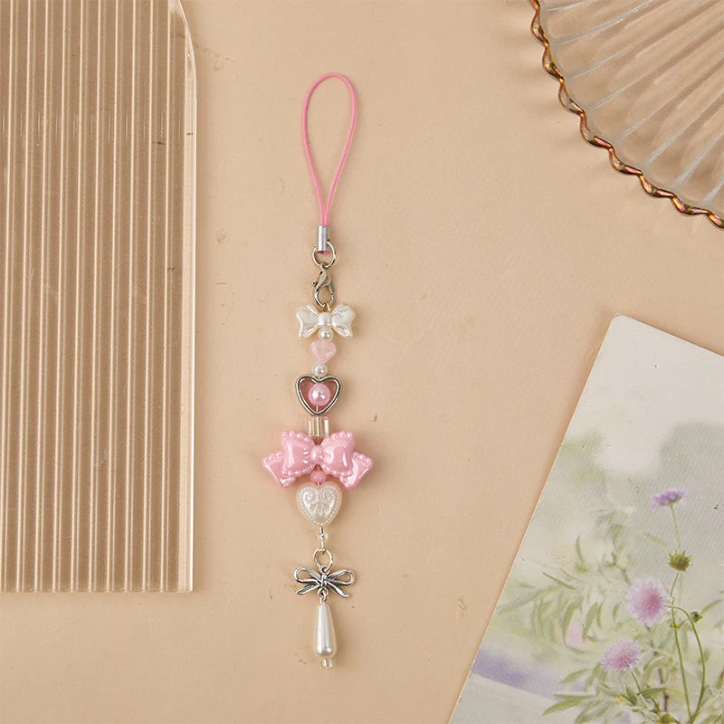 Y2K Pink Bowknot Heart Beaded Keychain Sweet Cute Mobile Phone Lanyard Fresh All-match Bag Pendant Purse Hanging Decoration