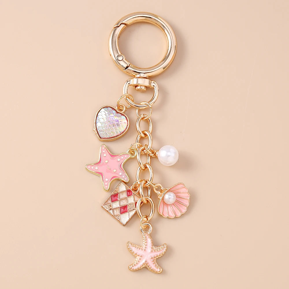 Fashion Mermaid Keychain Shell Starfish Key Ring Pendants for Women Girls Handbag Decor DIY Handmade Key Chain Gifts
