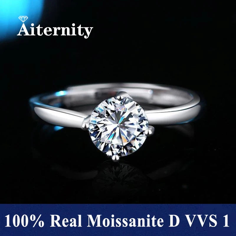 100% Real Moissanite Ring Adjustable Size S925 Sliver D VVS1 Pass Diamond Test Pen GRA Certificate 18K Plating Rings for Women (SZ)