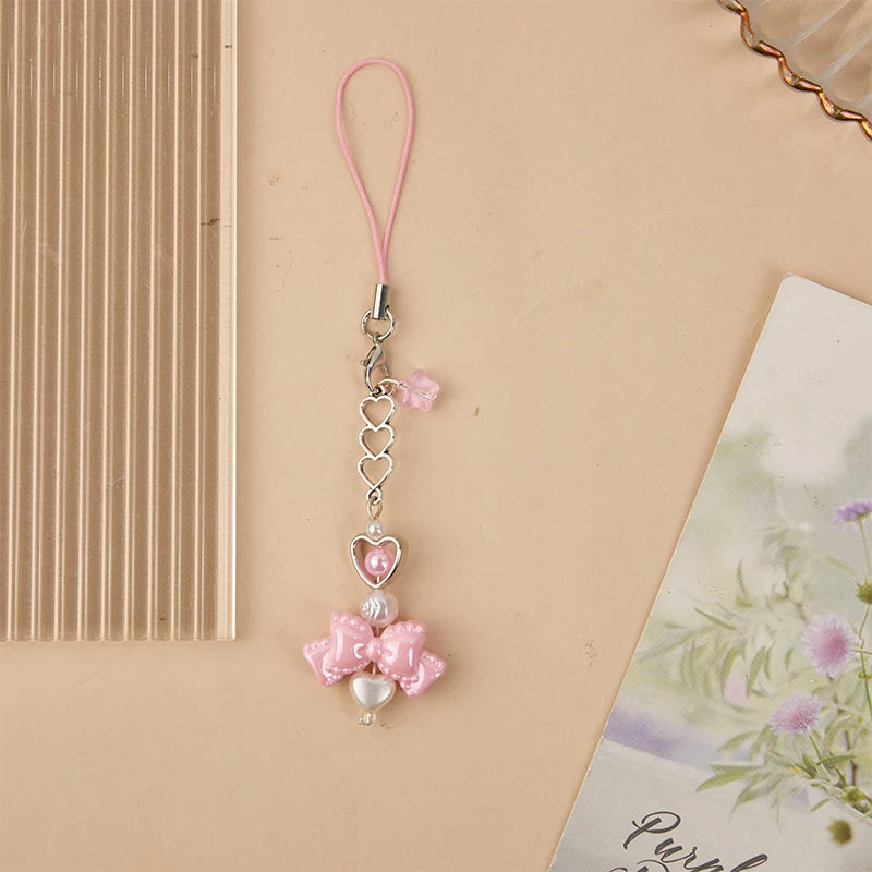 Y2K Pink Bowknot Heart Beaded Keychain Sweet Cute Mobile Phone Lanyard Fresh All-match Bag Pendant Purse Hanging Decoration