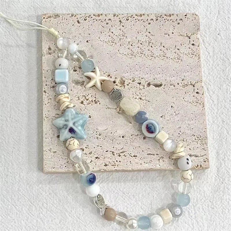 Korean Cartoon Cute 3D Blue Starfish Beaded Phone Chain Charm Lanyard For iPhone Samsung Universal Accessories Jewelry Pendant