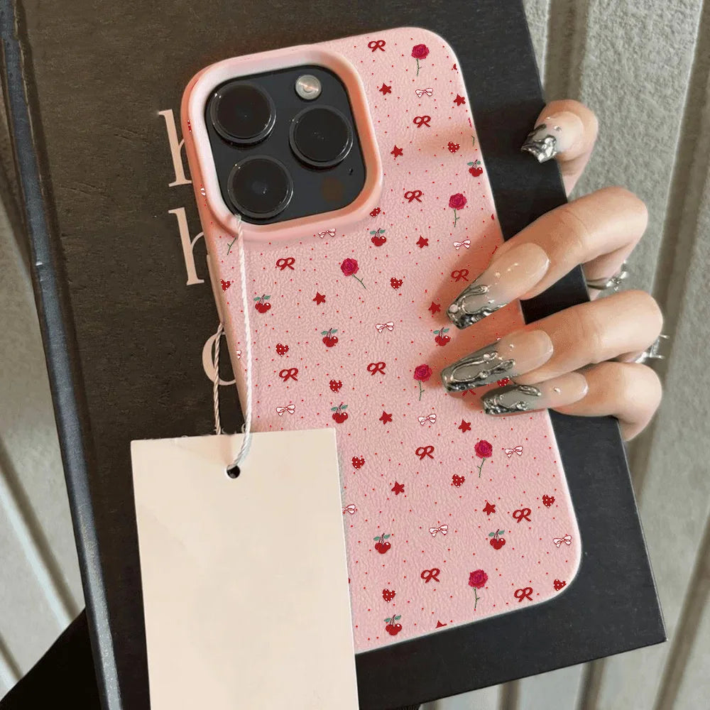 Cherry Phone Case For iPhone 16 Pro Max Case iPhone 14 13 15 11 12 17 Pro Max Plus Shockproof Soft Leather Cute Heart Bow Cover