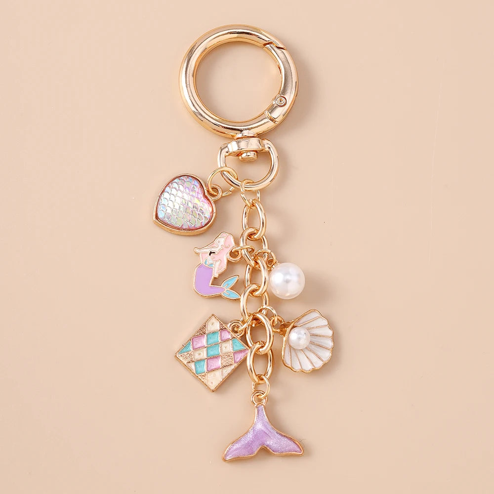Fashion Mermaid Keychain Shell Starfish Key Ring Pendants for Women Girls Handbag Decor DIY Handmade Key Chain Gifts