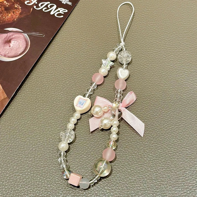 Korean Lovely Pink Bowknot White Beaded Phone Chain Charm Lanyard For iPhone Samsung Universal Accessories Jewelry Pendant