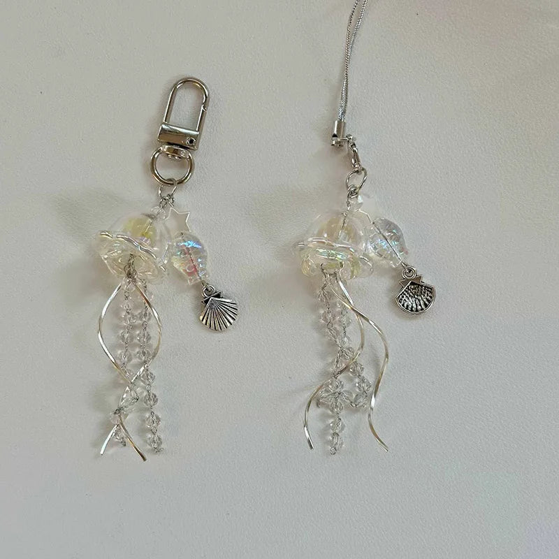 Y2K Jellyfish Tassel Mobile Key Chain Jellyfish Beaded Phone Charm Keycord Korean Sea Shell Fish Beads Chain BackPack Keyring (Copy)