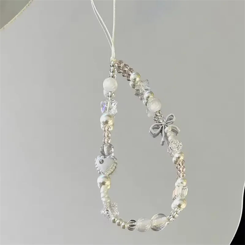 Korean Cute White Star Pearl Beads Phone Chain Trendy Pendant For iPhone Universal Accessories Lanyard Hanging Rope For Girl