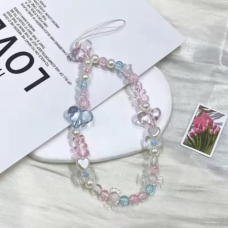 Cute Pink Love Heart Bowkont Beads Phone Chain Sweet Bear Hanging Rope Camera Lanyard Anti-lost Wrist Straps Bag Accessories
