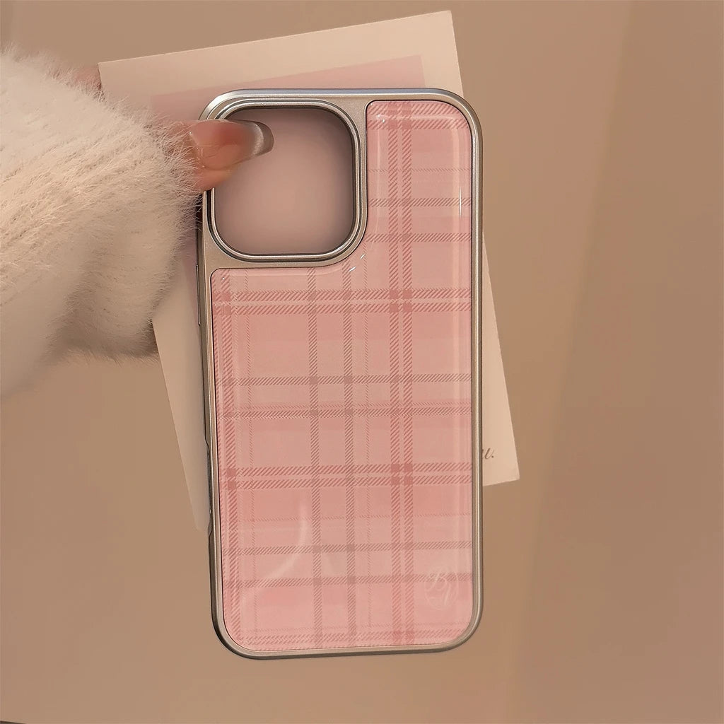 Sweet Pink Grid Pattern Drop Glue Cover Case for iPhone 16 15 14 13 12 11 Pro Max Plus Shockproof Protective Phone Case