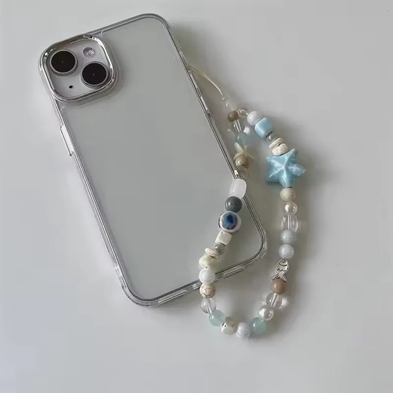 Korean Cartoon Cute 3D Blue Starfish Beaded Phone Chain Charm Lanyard For iPhone Samsung Universal Accessories Jewelry Pendant