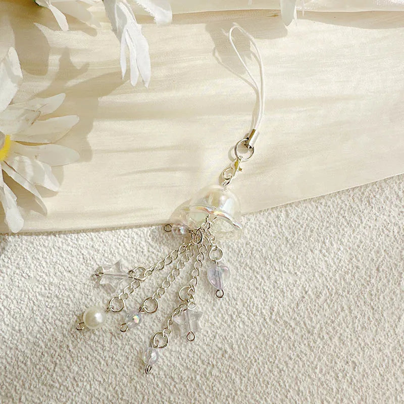 Y2K Purple Pink Jellyfish Key Chain Wind Chimes Star Heart Beaded Keyring for Phone Camera Earphone Case Charm Pendant Keycord