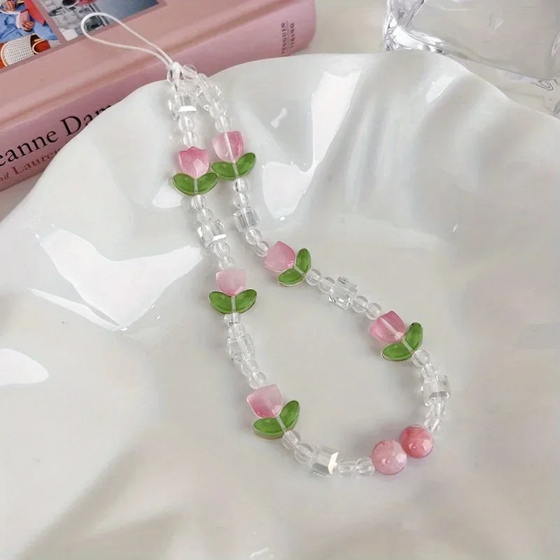 Cute Peach Beaded Mobile Phone Charm Strap Chain, Women Sweet Girls Jewelry, Pearl Cellphone Flower Lanyard for iPhone Keychain