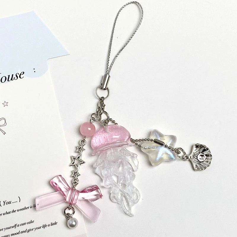 Y2K Jellyfish Tassel Mobile Key Chain Jellyfish Beaded Phone Charm Keycord Korean Sea Shell Fish Beads Chain BackPack Keyring (Copy)