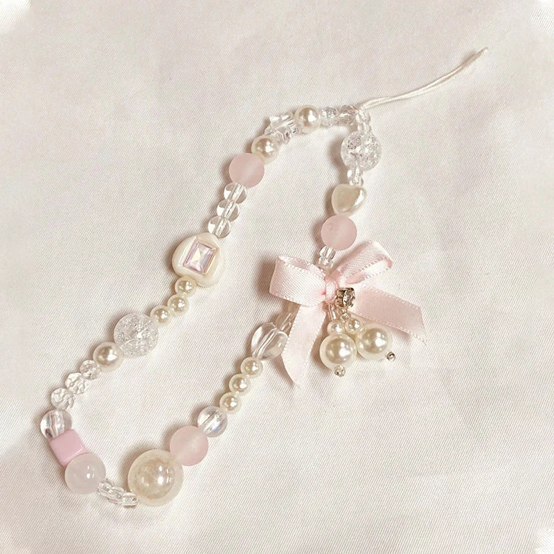 Korean Lovely Pink Bowknot White Beaded Phone Chain Charm Lanyard For iPhone Samsung Universal Accessories Jewelry Pendant