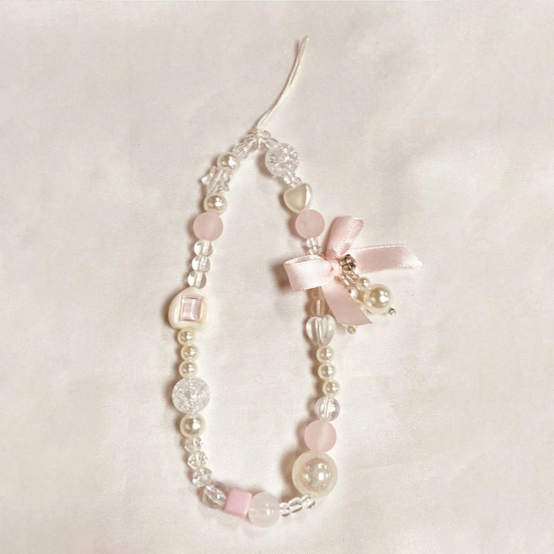 Korean Lovely Pink Bowknot White Beaded Phone Chain Charm Lanyard For iPhone Samsung Universal Accessories Jewelry Pendant
