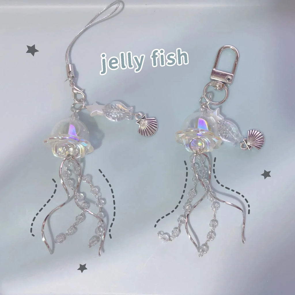 Y2K Jellyfish Tassel Mobile Key Chain Jellyfish Beaded Phone Charm Keycord Korean Sea Shell Fish Beads Chain BackPack Keyring (Copy)