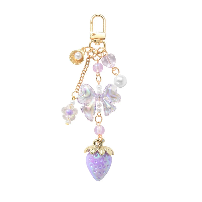 Y2K Bowknot Strawberry Keychain for Women Exquisite Sweet Flower Peach Bag Pendant Cute Romantic Accessorymobile Phone Chain