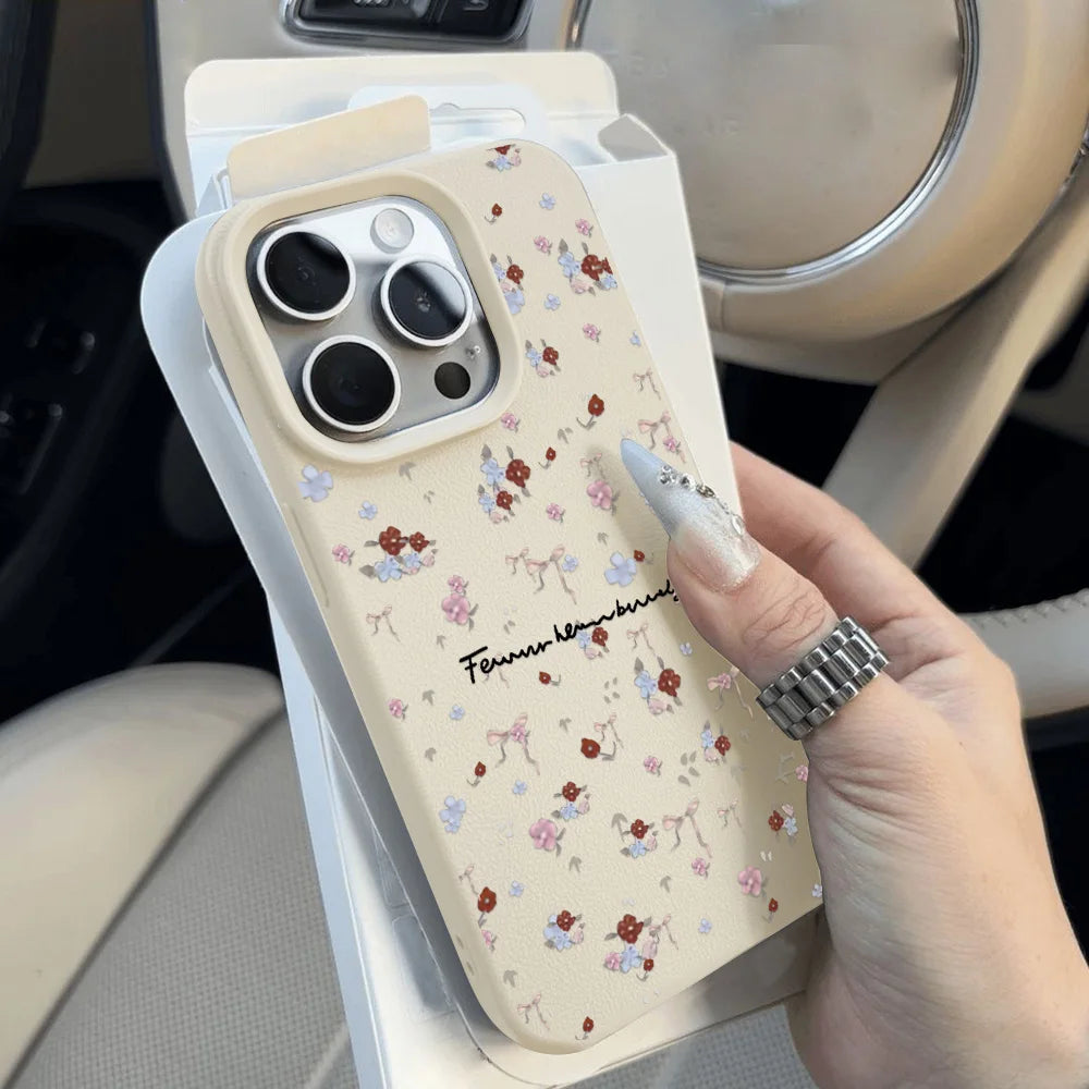 Cherry Phone Case For iPhone 16 Pro Max Case iPhone 14 13 15 11 12 17 Pro Max Plus Shockproof Soft Leather Cute Heart Bow Cover