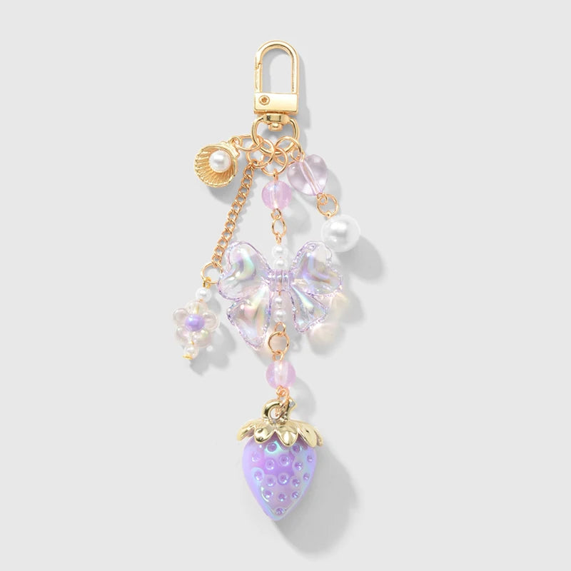 Y2K Bowknot Strawberry Keychain for Women Exquisite Sweet Flower Peach Bag Pendant Cute Romantic Accessorymobile Phone Chain