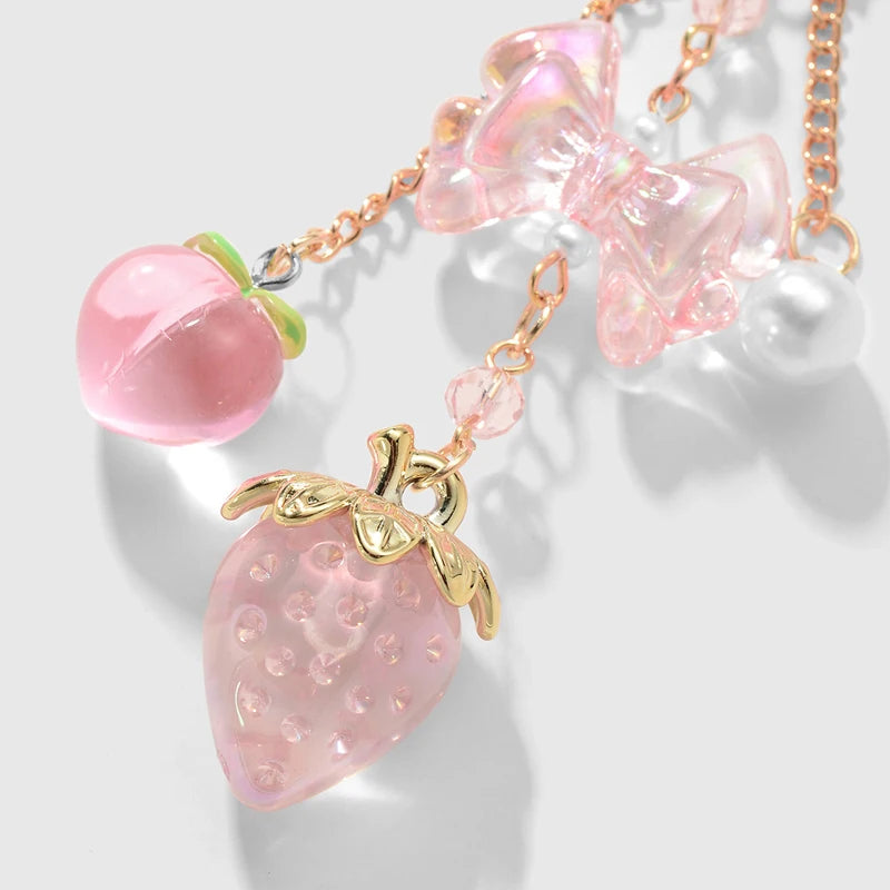Y2K Bowknot Strawberry Keychain for Women Exquisite Sweet Flower Peach Bag Pendant Cute Romantic Accessorymobile Phone Chain