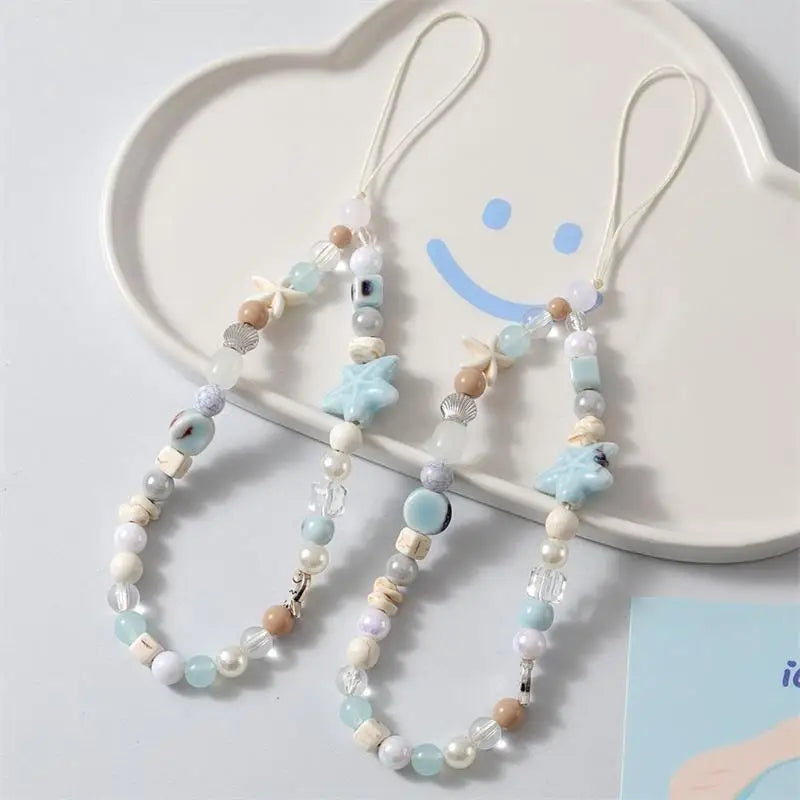 Korean Cartoon Cute 3D Blue Starfish Beaded Phone Chain Charm Lanyard For iPhone Samsung Universal Accessories Jewelry Pendant