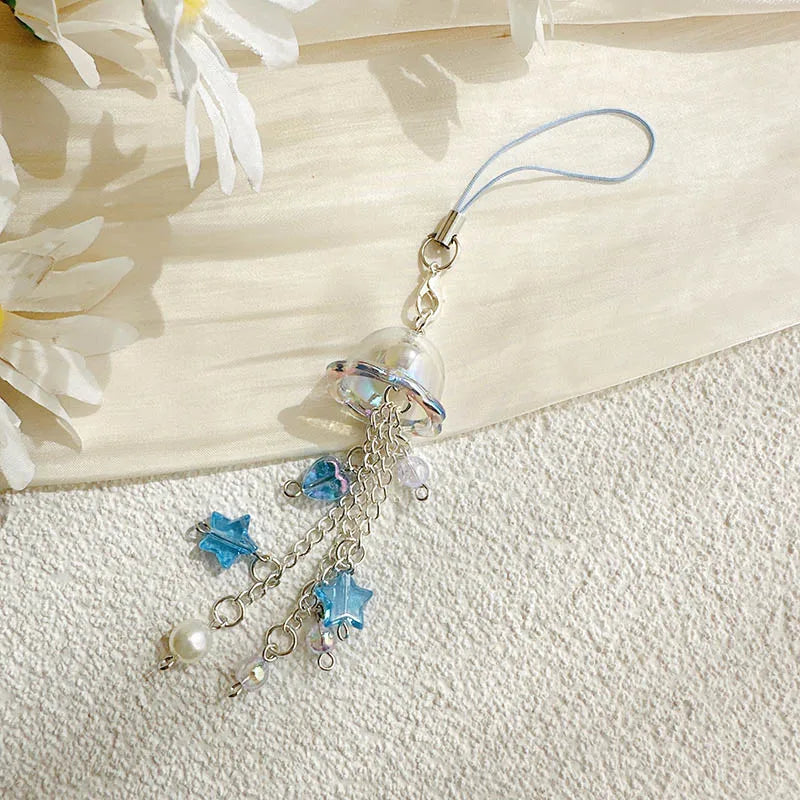 Y2K Purple Pink Jellyfish Key Chain Wind Chimes Star Heart Beaded Keyring for Phone Camera Earphone Case Charm Pendant Keycord