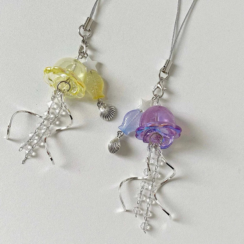 Y2K Jellyfish Tassel Mobile Key Chain Jellyfish Beaded Phone Charm Keycord Korean Sea Shell Fish Beads Chain BackPack Keyring (Copy)